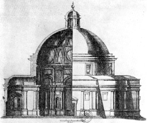 Архитектура эпохи Возрождения в Италии: Рим. Церковь Сан Джованни деи Фьорентини. Проект Микеланджело, 1550—1559 г. Фасад, разрез