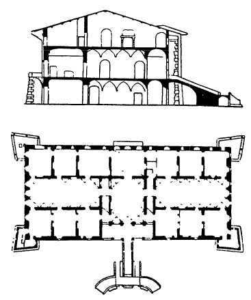 Архитектура эпохи Возрождения в Италии: Синья, близ Флоренции. Вилла Артимино, 1594 г. Буонталенти. План и разрез