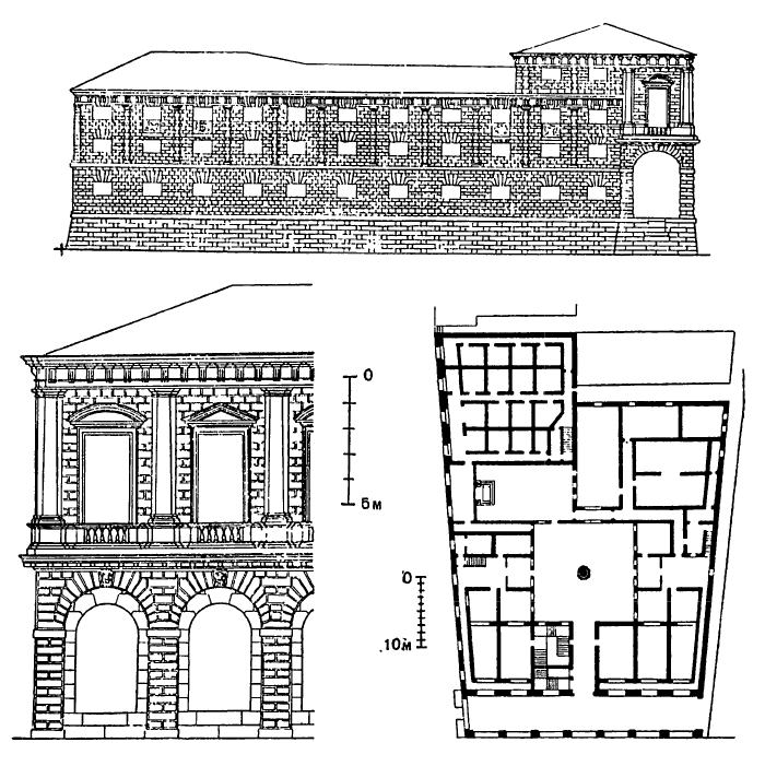 Архитектура эпохи Возрождения в Италии: Венеция. Тюрьма, с 1563 г. Рускони, с 1589 г. А. да Понте. План, западный фасад и фрагмент южного