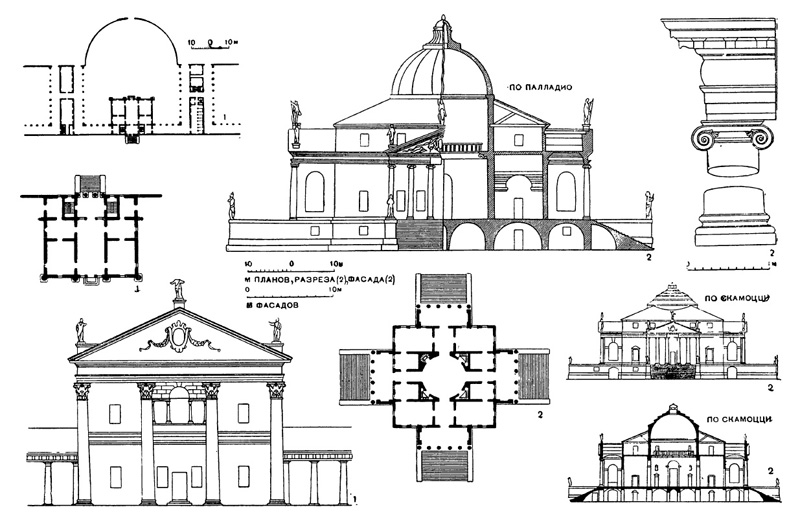 Архитектура эпохи Возрождения в Италии: Палладио. Виллы: 1 — Ангарано около Бассано, 1548 г.; 2 — Ротонда в Виченце, с 1551 г., чертежи