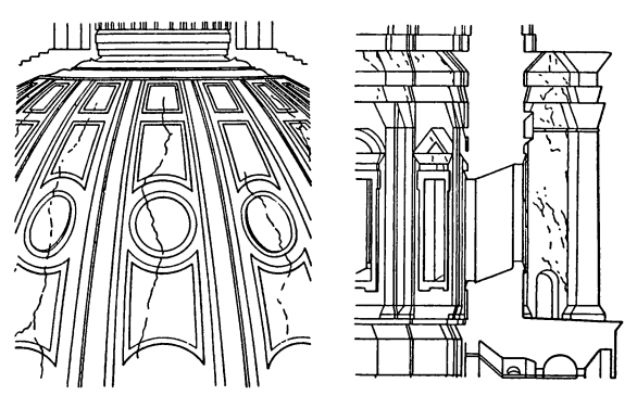 Строительная техника эпохи Возрождения: Трещины в куполе и контрфорсах барабана собора св. Петра