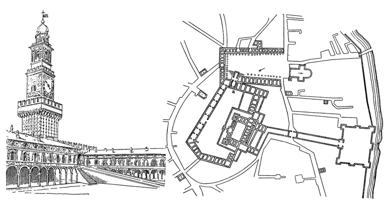 Архитектура эпохи Возрождения в Италии: Виджевано. Главная площадь; слева — въезд в замок Сфорца и башня (на плане — а), Браманте ?