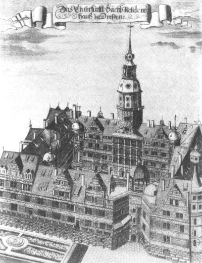 Архитектура Германии эпохи Возрождения: Дрезден. Дворец, перестроенный в середине XVI в. Общий вид из «Описания Дрездена», Вена, 1680 г.