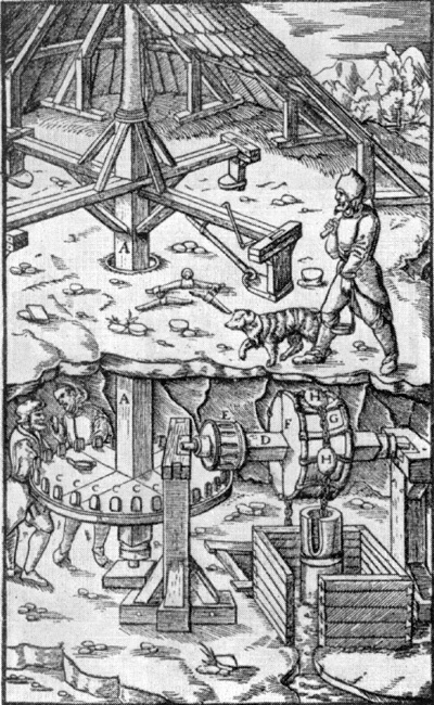 Архитектура Словакии эпохи Возрождения: Банска Штявница. Насосная установка (из книги Агриколы, 1566 г.)