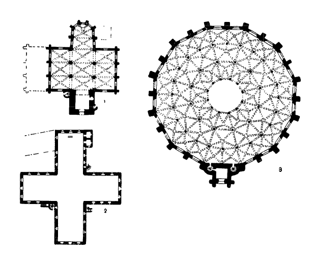 Архитектура Дании эпохи Возрождения: Планы церквей времени Христиана IV. Слева вверху — в Кристианстаде; внизу — св. Петра; справа — св. Анны