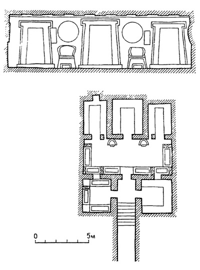 Архитектура Древнего Рима. Черветери. Гробница Кресел и щитов, начало VI в. до н.э. Разрез, план