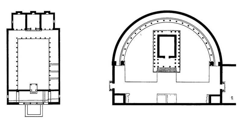 Архитектура Древнего Рима. Дугга. Планы храмов: 1 — Сатурна, III в. н.э.; 2 — Юноны Целестис, III в. н.э.