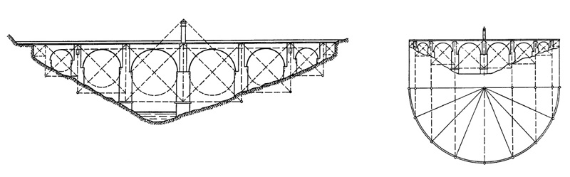 Архитектура Древнего Рима. Мост Алькантара (Испания). 98—106 гг. Схема построения моста